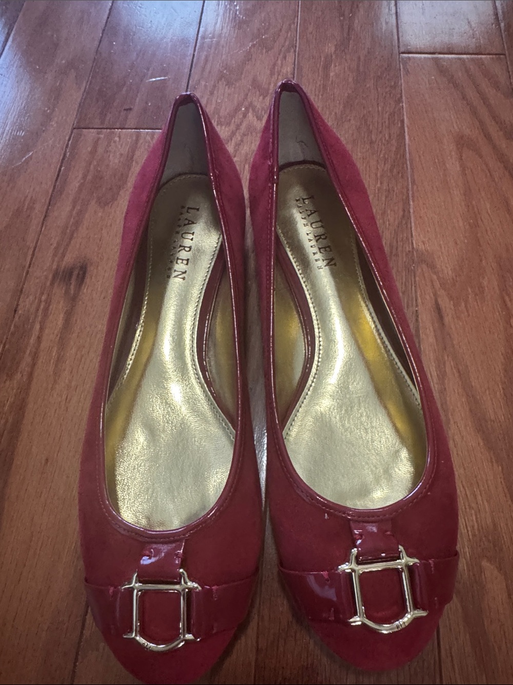 Lauren Ralph Lauren Burgundy Suede & Patent Ballet Flats with Gold Buckle Detail